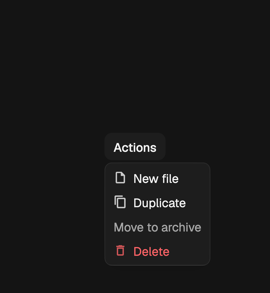 Menu rows with glyphs, a disabled row and a destructive row