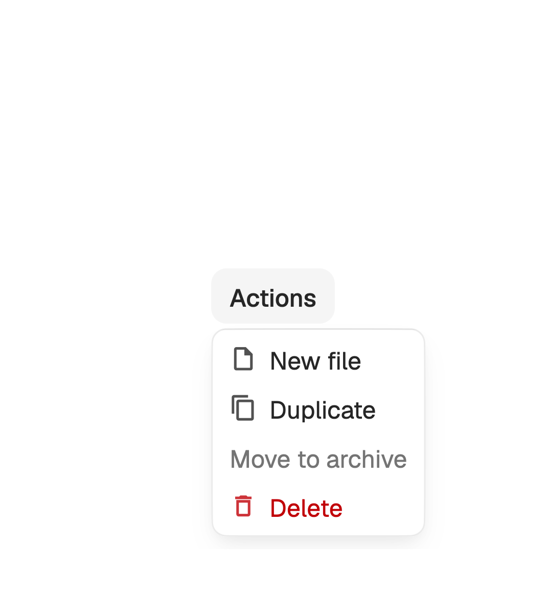 Menu rows with glyphs, a disabled row and a destructive row